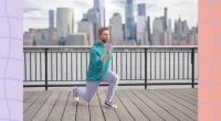 mature man doing lunge exercise outdoors along city waterfront