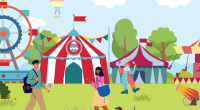 Illustration of a carnival scene with people, a Ferris wheel, tents, and a clown.