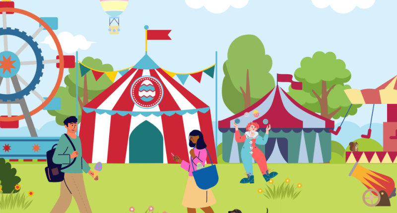 Illustration of a carnival scene with people, a Ferris wheel, tents, and a clown.