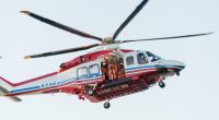 Yokohama fire station rescue helicopter in flight.