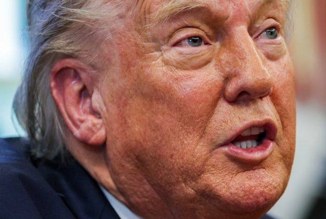 Close-up of Donald Trump speaking.