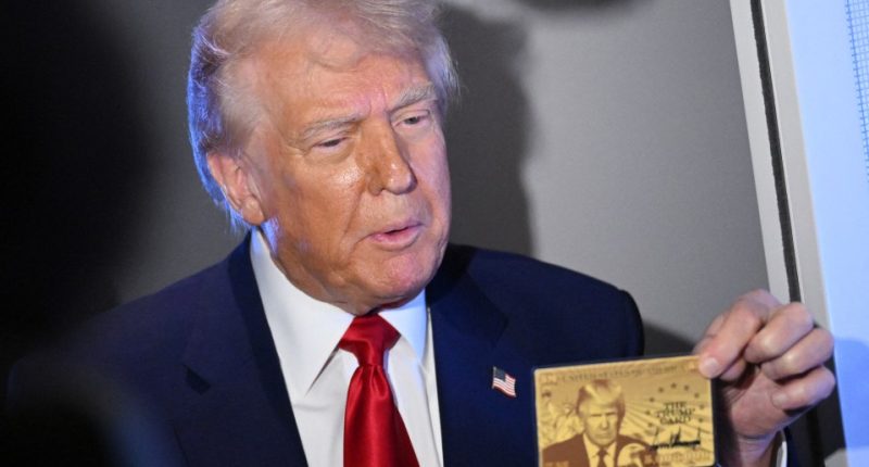 Donald Trump holding a gold card with his image on it.