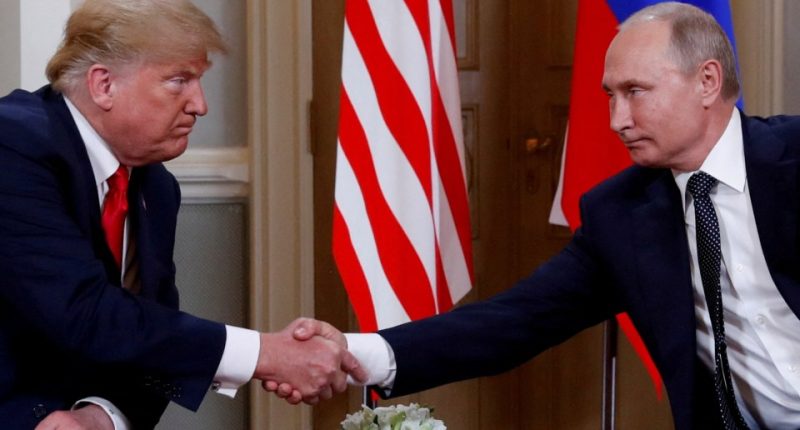 President Trump and President Putin shaking hands.