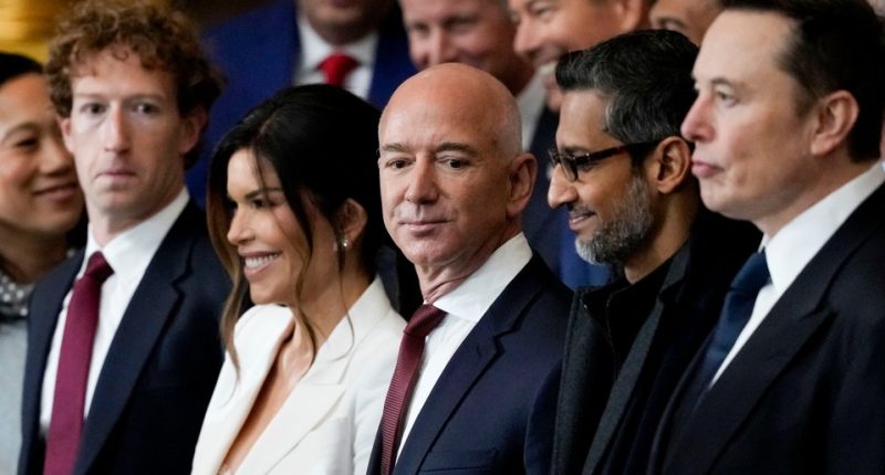 Jeff Bezos, Mark Zuckerberg, Elon Musk, and Sundar Pichai at Donald Trump's 2025 presidential inauguration.