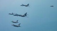 US and South Korean fighter jets and bombers flying in formation.