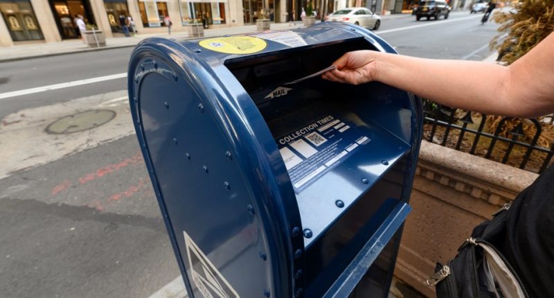 Person depositing mail in a USPS mailbox.