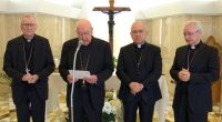 Cardinal Kevin Farrell and other Vatican officials announce the death of Pope Francis in a video statement, at the Vatican, April 21, 2025. Vatican Media/?Handout via REUTERS ATTENTION EDITORS - THIS IMAGE WAS PROVIDED BY A THIRD PARTY. TPX IMAGES OF THE DAY