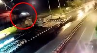 CCTV footage of a car falling from an unfinished bridge.