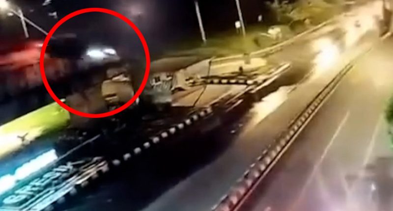 CCTV footage of a car falling from an unfinished bridge.