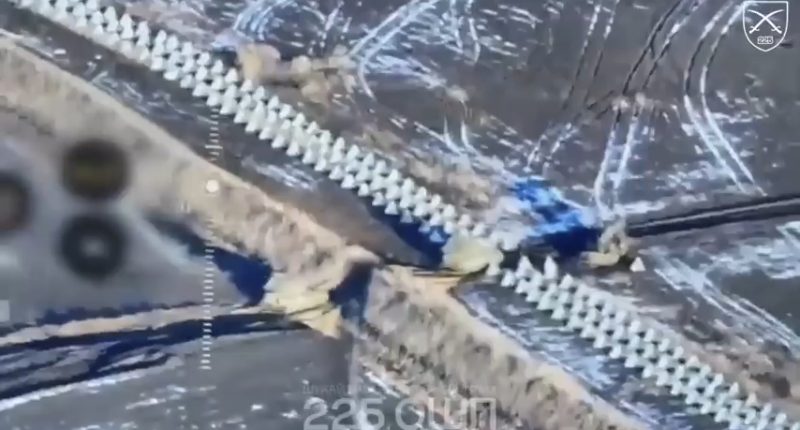 Aerial view of damaged anti-tank obstacles near Demidovka.