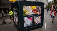 NEWS: A memorial display near Bondi Junction Westfield commemorates one year since the stabbings. Photographs and messages collected from floral tribute sites and the candlelight vigil will be on display from April 11-16. 10th April, 2025. Photo: Wolter Peeters, The Sydney Morning Herald.