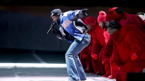 Kendrick Lamar performs on stage during the halftime show at the Super Bowl LIX on February 9, 2025