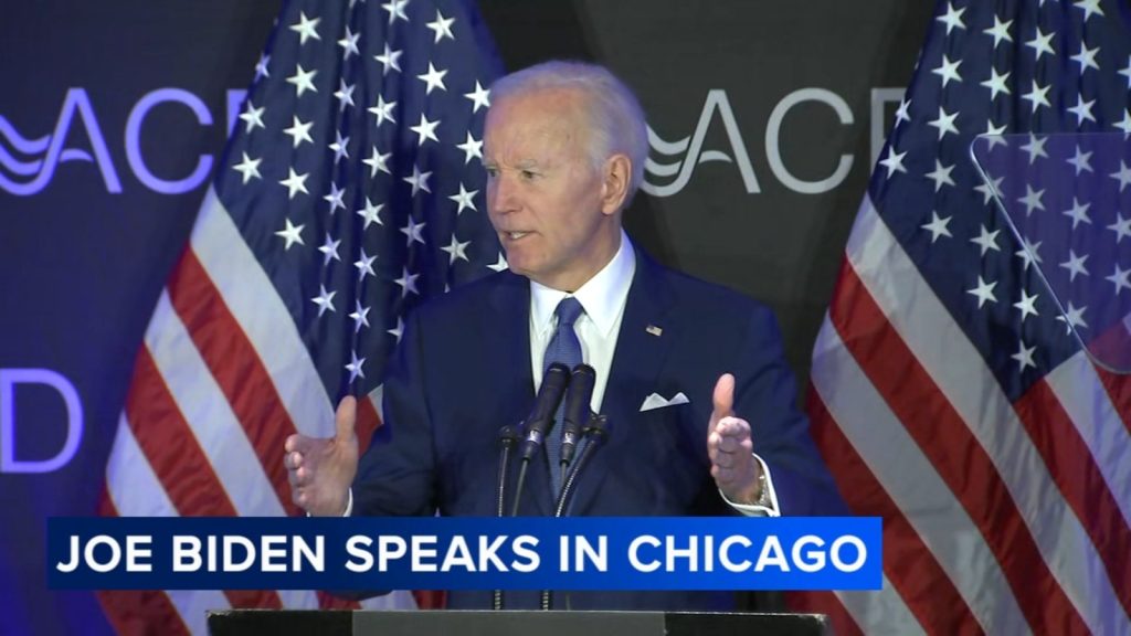 Joe Biden in Chicago today: Former president says Donald Trump has 'taken a hatchet' to Social Security in speech at Sofitel Hotel
