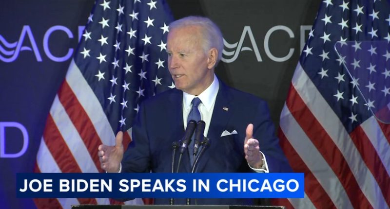 Joe Biden in Chicago today: Former president says Donald Trump has 'taken a hatchet' to Social Security in speech at Sofitel Hotel