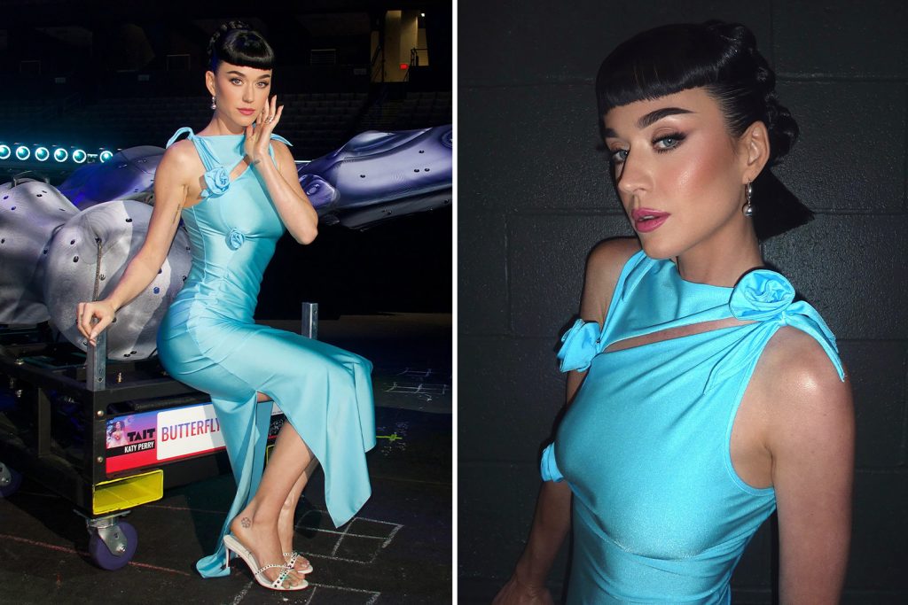 Katy Perry stuns as she poses in skin-tight blue dress after space trip