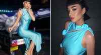 Katy Perry stuns as she poses in skin-tight blue dress after space trip