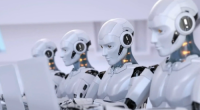 Robots typing on laptops