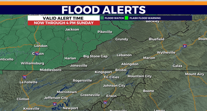 Rainy Sunday with a few t-storms, flash flooding possible through early Monday