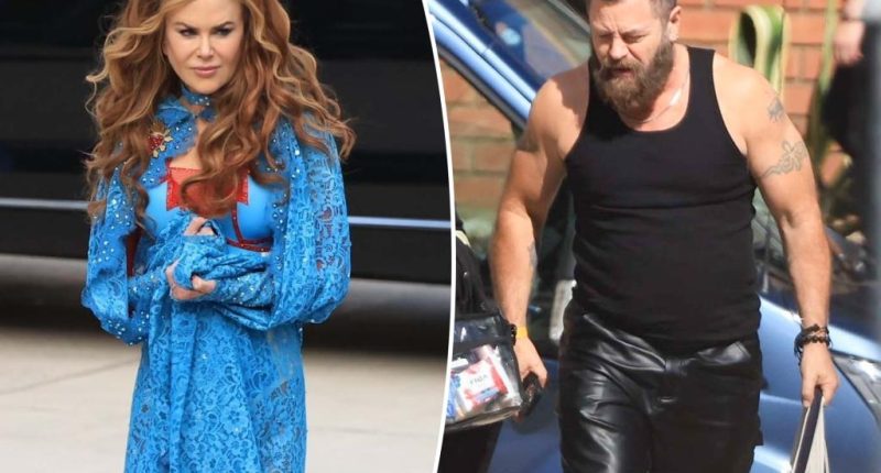 Red-headed Nicole Kidman, buff Nick Offerman look nearly unrecognizable on TV set