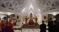 Pope Francis's body is laid out in state inside his private chapel at the Vatican, Monday, April 21, 2025.