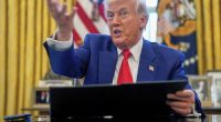 President Donald Trump speaks as he signs executive orders in the Oval Office of the White House Wednesday, April 9, 2025, in Washington. (Pool via AP)