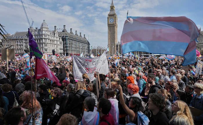 Thousands gather in London to support trans rights following ruling over definition of woman