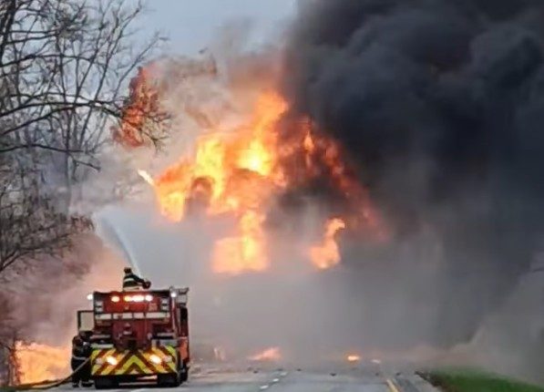 WATCH: Truck hauling oil bursts into flames on Indiana highway