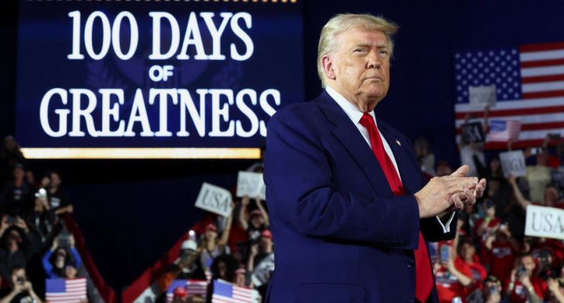 President Trump applauding at a rally celebrating his 100th day in office.