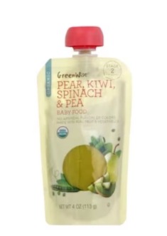 GreenWise baby food pouch of pear, kiwi, spinach, and pea.