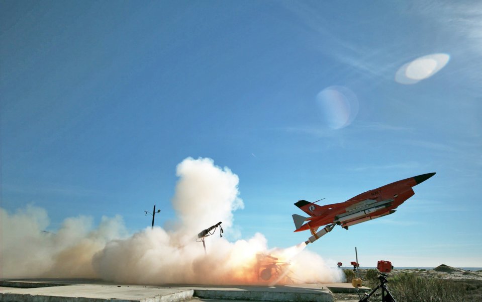 A BQM-34 unmanned aerial vehicle launching a Solid Fuel Integral Rocket Ramjet (SFIRR) missile.