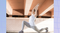 woman doing hip flexor stretch outdoors under bridge during workout