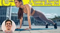 10-Minute Workout That Melts Belly Fat All Day, Coach Colin, Main Image. Lovely serious athletic dark-haired young Caucasian female performing a high plank exercise on a mat