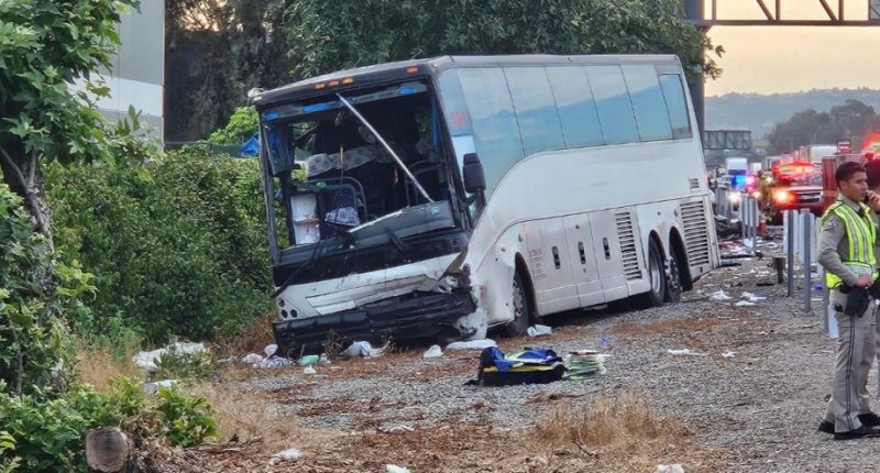 Tour bus crash resulting in one fatality and 32 hospitalizations.