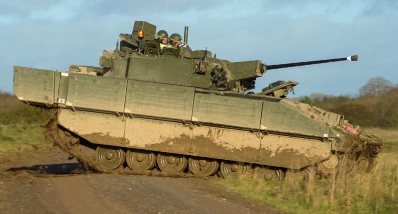British army General Dynamics Ajax tank in action.