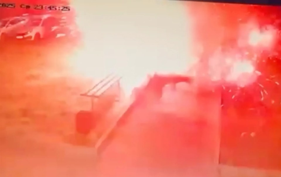Security camera footage of an explosion.