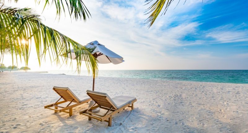 Two lounge chairs on a tropical beach under a beach umbrella.