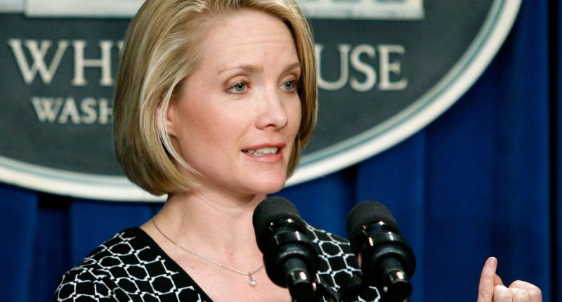 Dana Perino, Deputy White House Press Secretary, speaks at a press briefing.