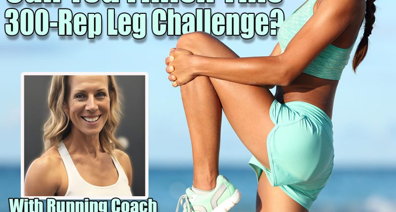 Fitness runner body closeup doing warm-up routine on beach before running, stretching leg muscles with standing single knee to chest stretch. Female athlete preparing legs for cardio workout.