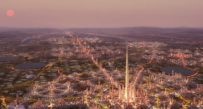 Illustration of the North Pole megaproject in Riyadh, Saudi Arabia, featuring a tall skyscraper and surrounding city.
