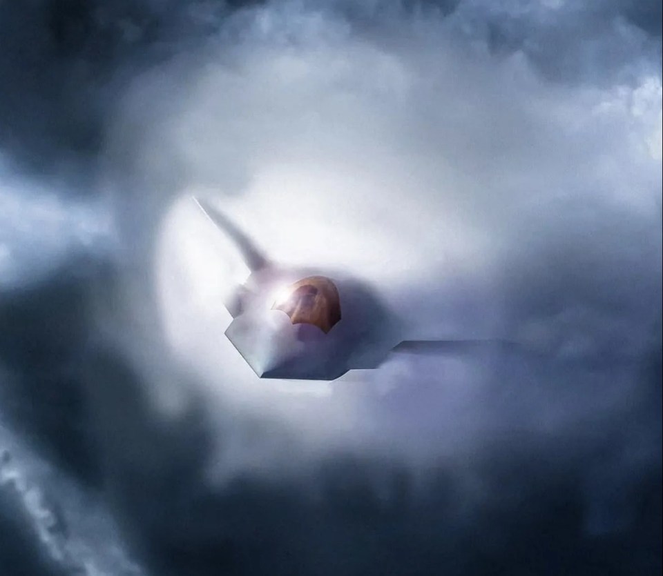 Illustration of the F-47 fighter jet emerging from clouds.