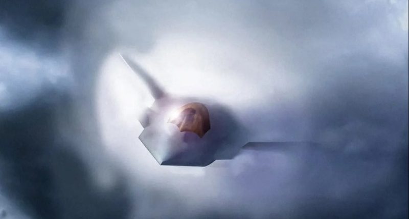 Illustration of the F-47 fighter jet emerging from clouds.