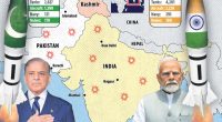 Illustration of India-Pakistan map showing military assets and leaders.