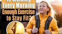 Attractive senior woman walking outdoors in nature at sunset, hiking.