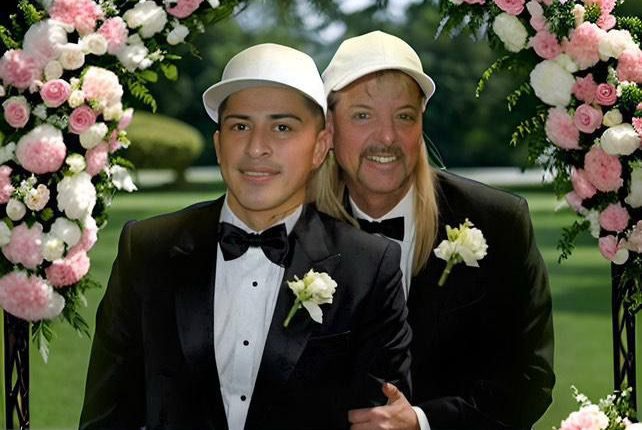 Illustration of Joe Exotic and another man in tuxedos at a wedding.