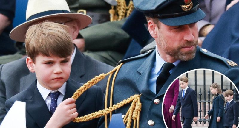 Prince Louis tugs on William's uniform at VE Day celebration with George, Charlotte