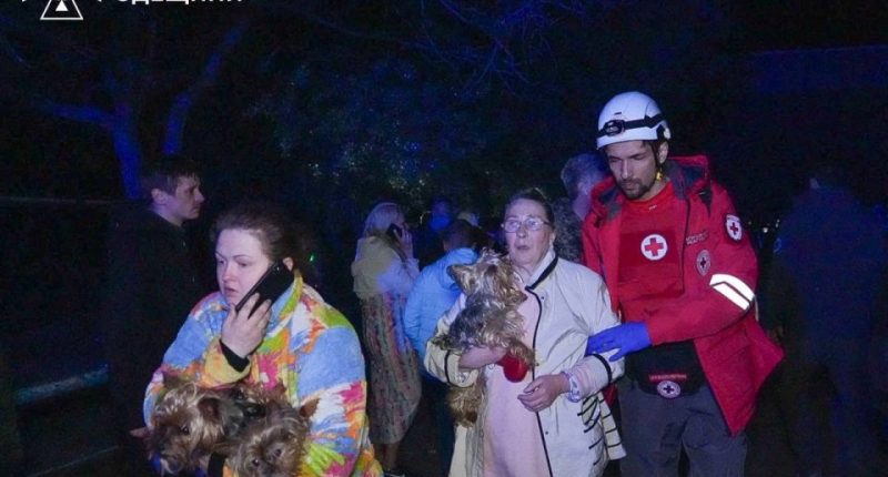 Emergency personnel evacuating residents and their dogs from a damaged building.