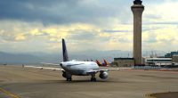 United Airlines Airbus A320 taxiing at Denver International Airport.