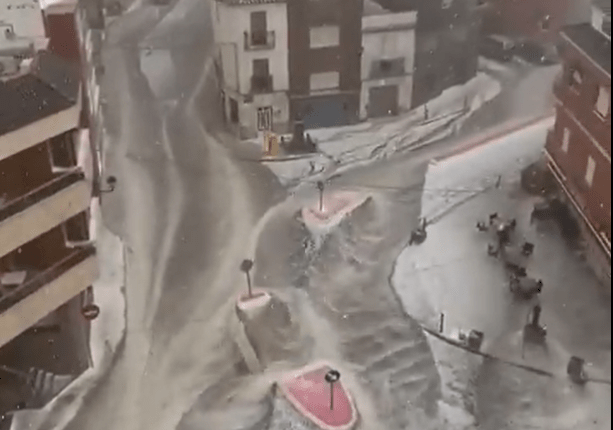 Snowstorm in a town.