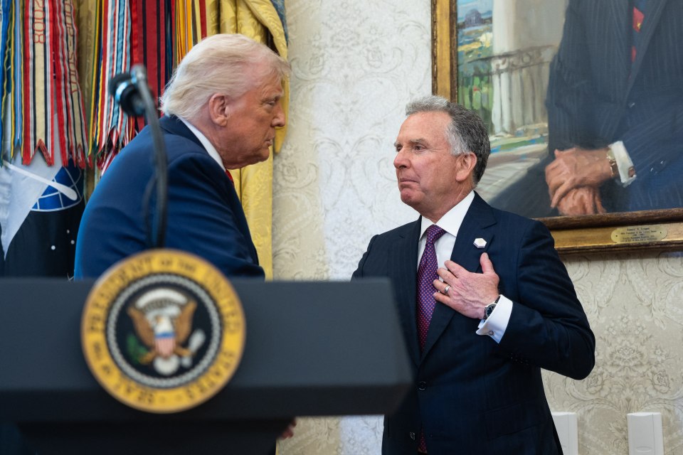 President Donald Trump congratulates Steve Witkoff at his swearing-in ceremony.