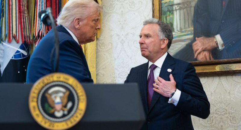 President Donald Trump congratulates Steve Witkoff at his swearing-in ceremony.